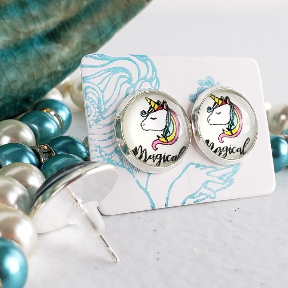 6/$20 Magical Unicorn Flatback Stud Earrings